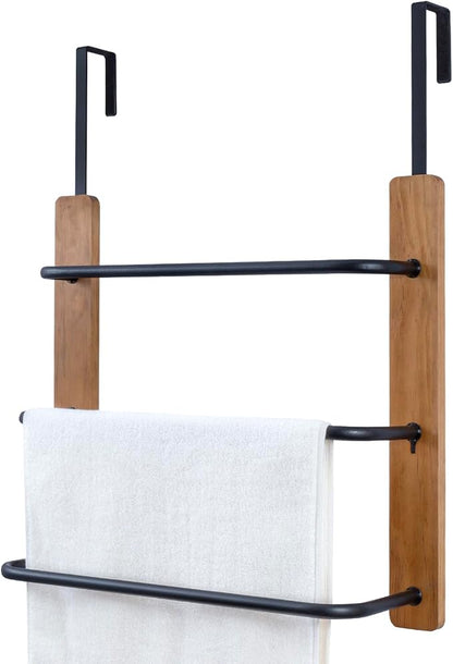 MyGift Over The Door Towel Rack for Bathroom, Rustic Solid Burnt Wood Towel Storage Organizer, 3 Tier Matte Black Metal Towel Bar, Space Saving Bathroom Door Hanging Towel Holder | Compact Bathroom Hanging Solution For Bath Linens Robes Shower Essentia...