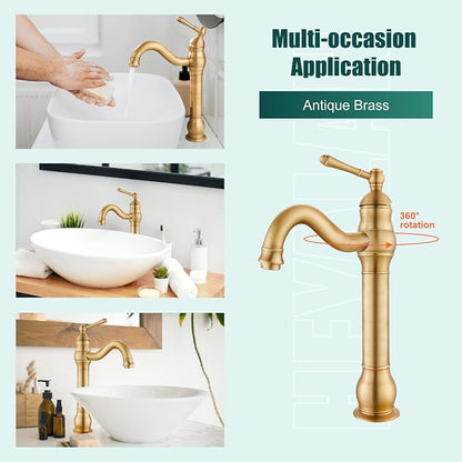Heyalan Tall Vessel Sink Faucet, Single Handle 1-Hole,Antique Brass | SUS304 stainless steel, 360° swivel spout, includes pop-up drain & hoses, deck mount 1-hole, tall design for vessel sink