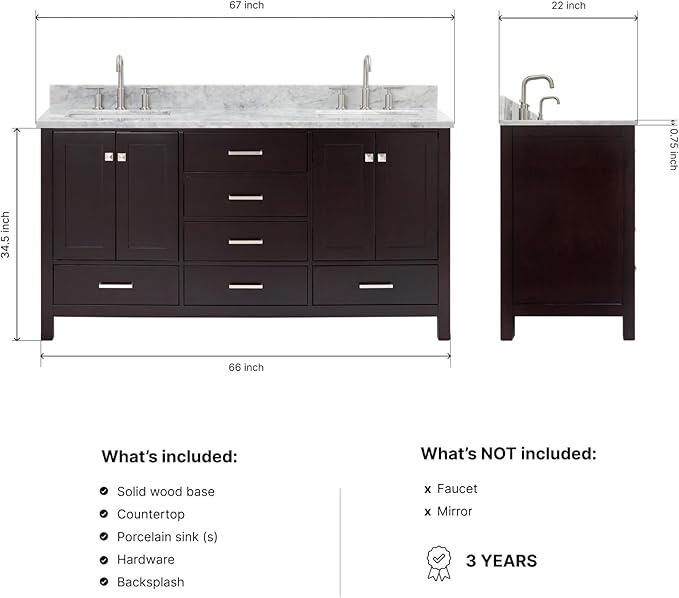 ARIEL Cambridge 66-inch Bathroom Vanity with Sink,Solid Wood, 0.75-inch Italian Carrara Marble Countertop, Double Rectangular Porcelain Sink, 4 Soft Closing Doors, 6 Dovetail Drawers, Espresso