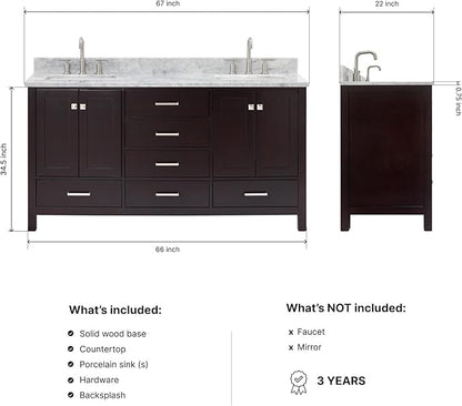 ARIEL Cambridge 66-inch Bathroom Vanity with Sink,Solid Wood, 0.75-inch Italian Carrara Marble Countertop, Double Rectangular Porcelain Sink, 4 Soft Closing Doors, 6 Dovetail Drawers, Espresso