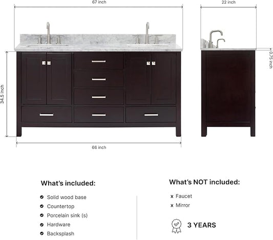 ARIEL Cambridge 66-inch Bathroom Vanity with Sink,Solid Wood, 0.75-inch Italian Carrara Marble Countertop, Double Rectangular Porcelain Sink, 4 Soft Closing Doors, 6 Dovetail Drawers, Espresso