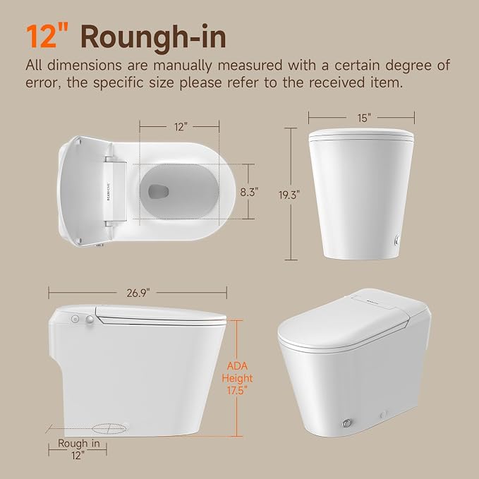 Non-Electric Bidet Toilet, One Piece Elongated Smart Toilet with Air Pressure-Assisted Flush, ADA Comfort Height, Foot Kick & Side Button Flush, 1.0 GPF, 12" Rough-In