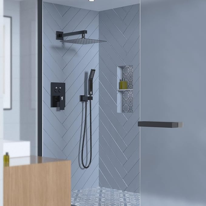 SR SUN RISE Shower System with Push Button Diverter, Wall Mounting Luxury 10 Inch Rain Shower Head with Handheld Spray, High Pressure Shower Faucet Combo Set with Rough-in Valve, Matte Black
