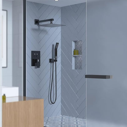 SR SUN RISE Shower System with Push Button Diverter, Wall Mounting Luxury 10 Inch Rain Shower Head with Handheld Spray, High Pressure Shower Faucet Combo Set with Rough-in Valve, Matte Black