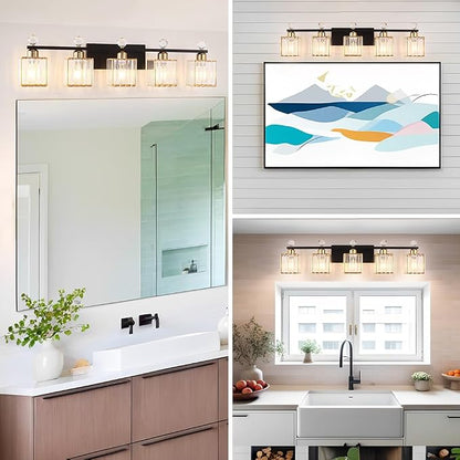 Lxybcce Bathroom Vanity Lights Over Mirror - Easy Installation with Clear Guide, 5-Light Shadow-Free Design, Black and Gold Crystal Finish - for Modern Home Bathroom Lighting Fixtures in DIY Projects