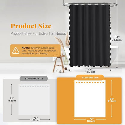 BTTN Boho Scalloped Linen Textured Cloth Shower Curtain Set, 72x84, Black | Tall Size, 230GSM Waterproof Polyester, Heavy Duty Fabric, 12 Plastic Hooks, Elegant Modern Farmhouse Style, Machine Washable