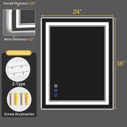 24X36 LED Bathroom Mirror with Lights, Anti-Fog, Backlit + Front Lit, Dimmable, Led Vanity Mirror for Wall, Lighted Bathroom Mirror, 3 Colors, Shatter-Proof Tempered Glass