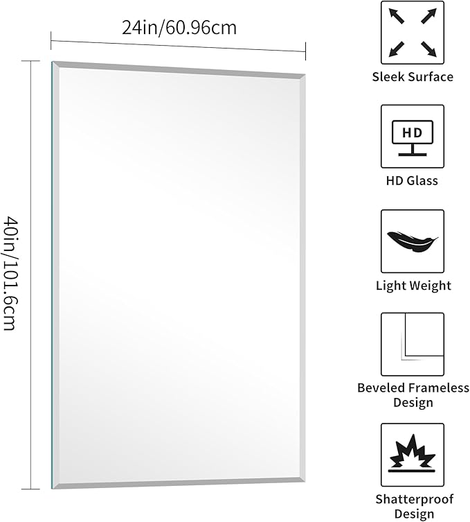KOCUUY Beveled Mirror, 24x40 Inch Frameless Bathroom Mirror for Over Sink, Upgraded Shatterproof Beveled Unframed Design Mirror for Bathroom, Bedroom, Hang Horizontal/Vertical