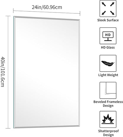 KOCUUY Beveled Mirror, 24x40 Inch Frameless Bathroom Mirror for Over Sink, Upgraded Shatterproof Beveled Unframed Design Mirror for Bathroom, Bedroom, Hang Horizontal/Vertical
