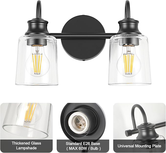 2 Lights Bathroom Light Fixtures Modern Black Vanity Lights | ETL Certificate, Easy to Install,Wall Mount Up or Down,Thickened Glass Lampshade,E26 Socket,Hardwired