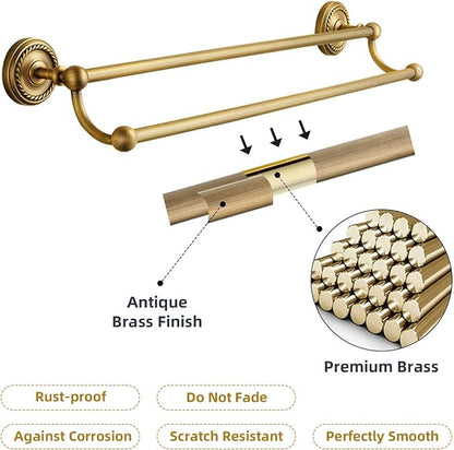 4 Piece Antique Brass Gold Bathroom Accessories Set - 24” Towel Holder, Antique Bar Brass Bath Accessories - Wall Mounted Bathroom Hardware Accessory Set