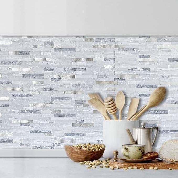 DICOFUN 10-Sheets Peel and Stick Backsplash Wall Tile, Faxu Stone PVC Mixed Metal Kitchen Backsplash Peel and Stick in Light Grey