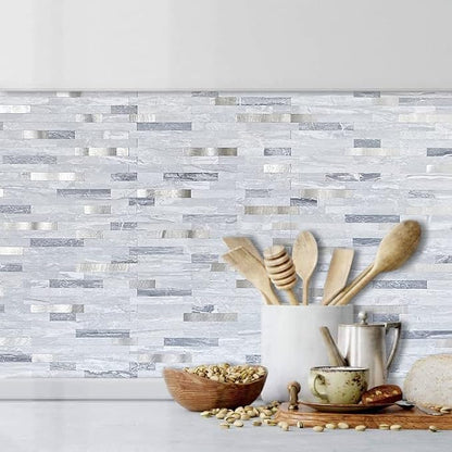 DICOFUN 10-Sheets Peel and Stick Backsplash Wall Tile, Faxu Stone PVC Mixed Metal Kitchen Backsplash Peel and Stick in Light Grey