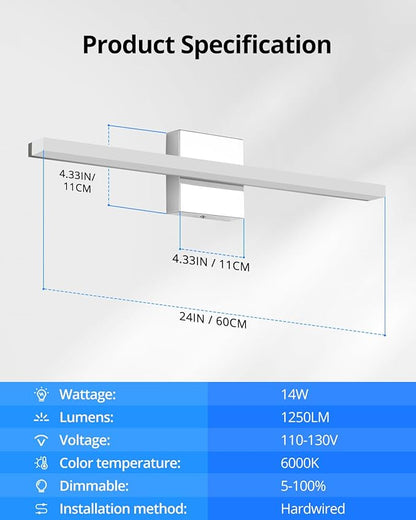 Combuh LED Bathroom Vanity Light Bar Dimmable IP44 Over Mirror Lighting Fixture 24Inch Wall Sconces Indoor 14W Modern Cool White 6000K Chrome