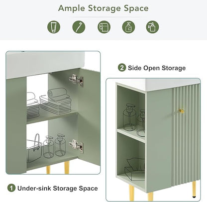 21.6 in Small Bathroom Vanity with Sink,Doors and Storage Shelves,Wood Modern Single Fluted Bathroom Sink Cabinet Freestanding (Green,Left Shelf)