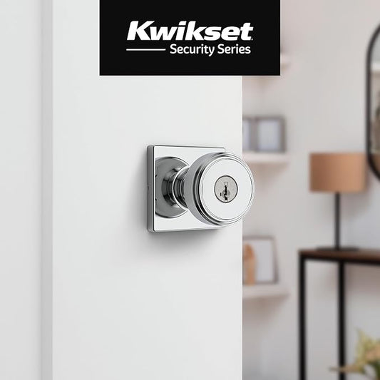 Kwikset Maven Entry Door Knob with Lock and Key, Secure Keyed Handle Exterior, Front Entrance and Bedroom, Polished Chrome, 4 Pack, Pick Resistant SmartKey Rekey Security