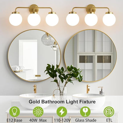 Gold Bathroom Vanity Light Fixtures Over Mirror, Modern Brass 3 Lights Wall Sconce with Milky Glass Ball Shade, Mid Century Farmhouse Vanity Lighting