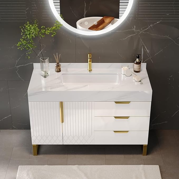 Bathroom Vanity with Sink, Modern Bathroom Vanity with Faux Marble Top, Gold Hardware & Soft-Close Drawers for Bathroom Storage (35.4 Inch, White, Single Sink & Freestanding)