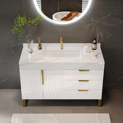 Bathroom Vanity with Sink, Modern Bathroom Vanity with Faux Marble Top, Gold Hardware & Soft-Close Drawers for Bathroom Storage (35.4 Inch, White, Single Sink & Freestanding)