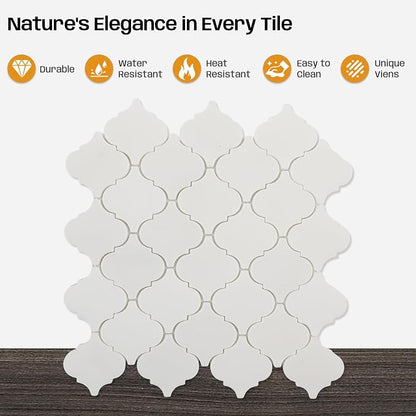 3 Inch Arabesque Lantern White Marble Mosaic Tile for Wall Floor, 5 Sheets | Water & Heat Resistant Honed Marble Backsplash Tiles for Kitchen Bathroom Fireplace Surround Durable Unique Veins 5SQFT