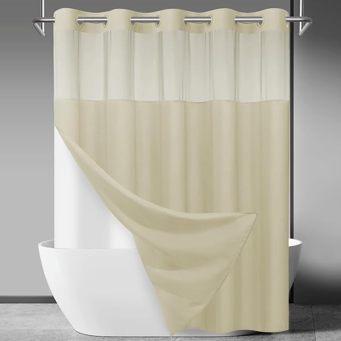 SORTTO No Hook Slub Shower Curtain with Liner, 71x74, Linen | Snap in Liner, 3 in 1, Bamboo Texture, Hotel Style, Waterproof Fabric, Mesh Top Window, Corner Magnets, Machine Washable