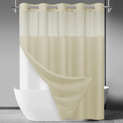 SORTTO No Hook Slub Shower Curtain with Liner, 71x86, Linen | Snap in Liner, 3 in 1, Bamboo Texture, Hotel Style, Waterproof Fabric, Mesh Top Window, Corner Magnets, Machine Washable