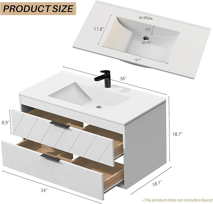 36 Inch Bathroom Vanity with Sink, Modern Floating Bathroom Vanity with Resin Sink, 2 Large Storage Darwers, Wood Grain Texture Wall Mounted Vanity, Metal Handles, White