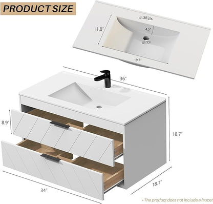 36 Inch Bathroom Vanity with Sink, Modern Floating Bathroom Vanity with Resin Sink, 2 Large Storage Darwers, Wood Grain Texture Wall Mounted Vanity, Metal Handles, White