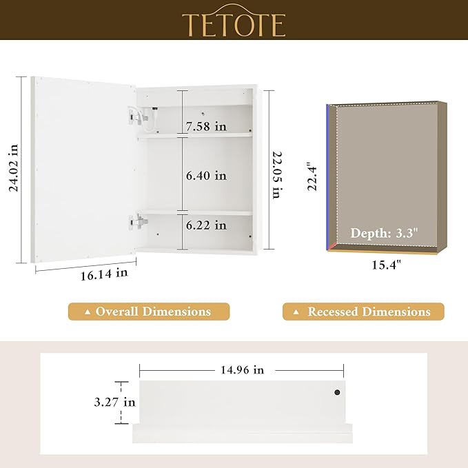 TETOTE White Lighted Medicine Cabinet with Tempered Glass Mirror 16 x 24 White Metal Led Recessed Medicine Cabinet for Bathroom with Lights and Storage, 3 Color Dimming, Anti-Fog, 2 Outlets