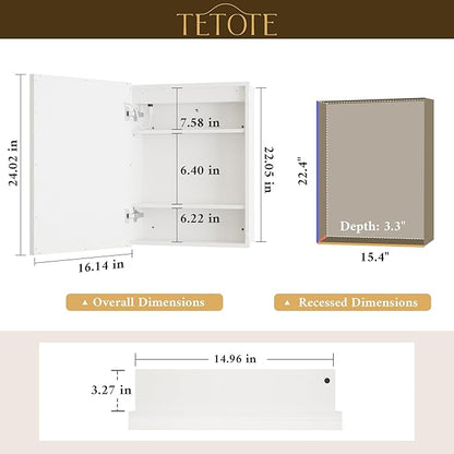 TETOTE White Lighted Medicine Cabinet with Tempered Glass Mirror 16 x 24 White Metal Led Recessed Medicine Cabinet for Bathroom with Lights and Storage, 3 Color Dimming, Anti-Fog, 2 Outlets