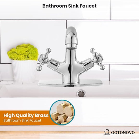 gotonovo Bathroom Sink Faucet Single Hole Double Cross Handle Knobs Lavatory Vessel Sink Mixer Tap Bathroom Faucet with Pop up Drain and Deck Cover Plate Polish Chrome