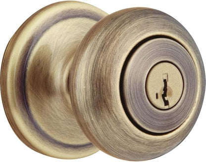 Kwikset Juno Entry Door Knob with Lock and Key, Secure Keyed Handle Exterior, Front Entrance and Bedroom, Antique Brass, Pick Resistant SmartKey Rekey Security and Microban