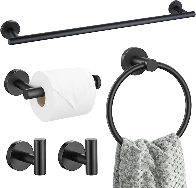 5 Pieces Matte Black Bathroom Hardware Accessories Set SUS304 Stainless Steel Black Towel Bar Holder Set, 23.6Inch Towel Racks for Bathroom, Robe Towel Hooks, Toilet Paper Holder Wall Mounted