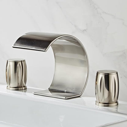 3 Hole Basin Mixer Faucet Waterfall Hot and Cold Water Brass 2 Handles 3 Hole Bathroom Faucets-Brushed
