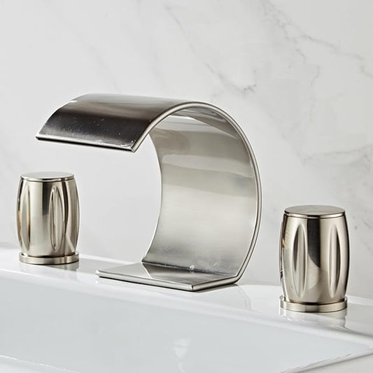 3 Hole Basin Mixer Faucet Waterfall Hot and Cold Water Brass 2 Handles 3 Hole Bathroom Faucets-Brushed