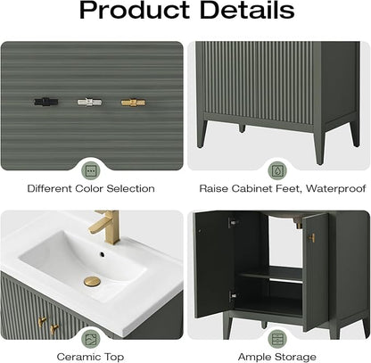 Vanity Art 30 inch Bathroom Vanity with Single Sink & Ceramic Top, Vanity Cabinet with Soft-Closing Door, Solid Wood Frame, Linear Pattern, Vintage Green, VA9130-VG-MB,Matte Black Handles