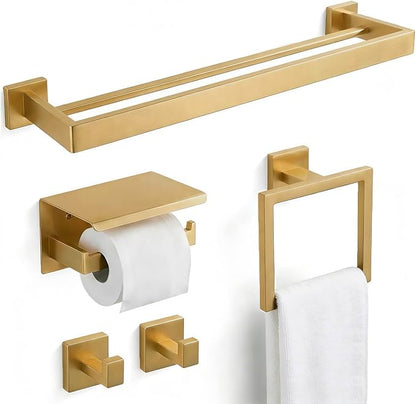 Luxury 5-Piece Bathroom Hardware Set with 23.6" Double Towel Bar and Toilet Paper Holder Shelf, Wall Mounted Bathroom Accessories, Modern Square Design SUS304 Stainless Steel Solid Metal, Brushed Gold