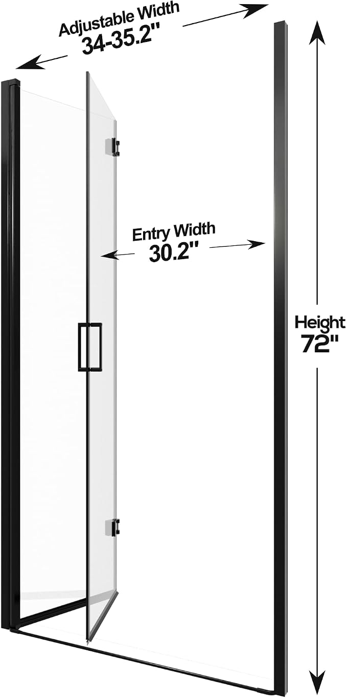 34-35.2" W x 72" H Frameless Bifold Pivot Swing Shower Door | 1/4" (6mm) Clear SGCC Tempered Glass with a space-saving folding Bathroom Door, Reversible Installation, Matte Black Finish