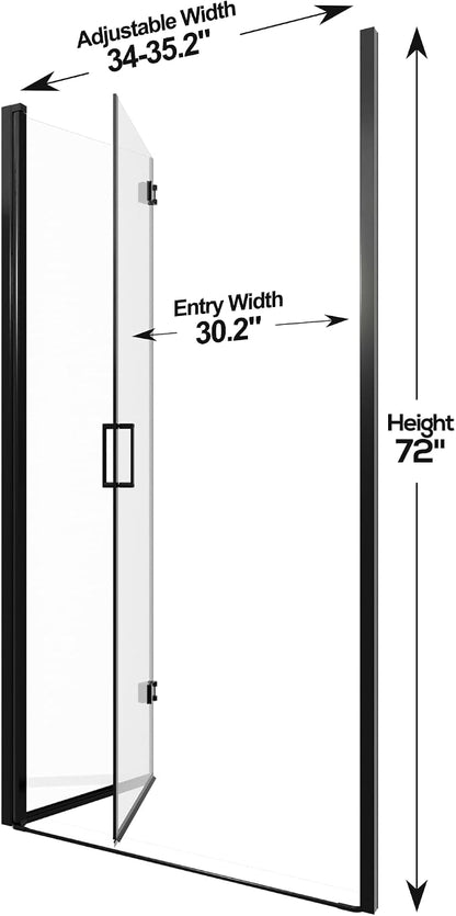 34-35.2" W x 72" H Frameless Bifold Pivot Swing Shower Door | 1/4" (6mm) Clear SGCC Tempered Glass with a space-saving folding Bathroom Door, Reversible Installation, Matte Black Finish