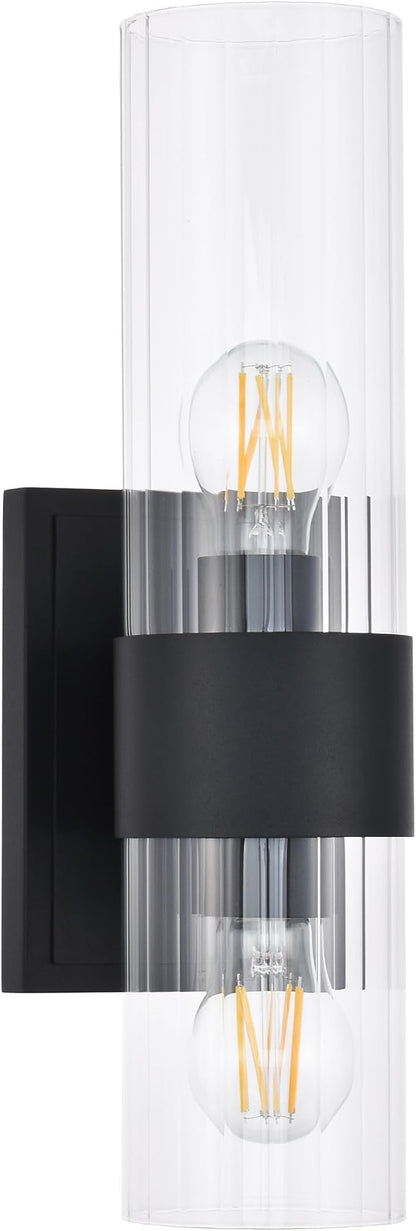 Textured Black Modern Bathroom Sconces Wall Lighting with Clear Ribbed Glass, Brushed Nickel 2-Light Bathroom Vanity Light Fixtures for Mirror Living Room Hallway Bedroom
