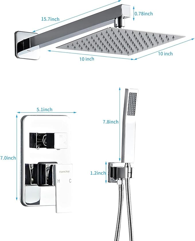 10 Inch Polished Chrome Shower Faucet Set with Rain Shower Head and Handheld Spray, Wall Mounted Rainfall Shower Head with Handheld Combo, Bathroom luxury Shower System with Valve and Trim