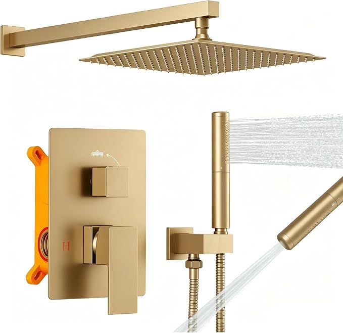 12 Inch Rainfall Shower System Rain Shower Head Combo Shower Faucet Fixture | Shower Head and Handle Set Wall Mounted Shower Mixer Kit Valve Gold
