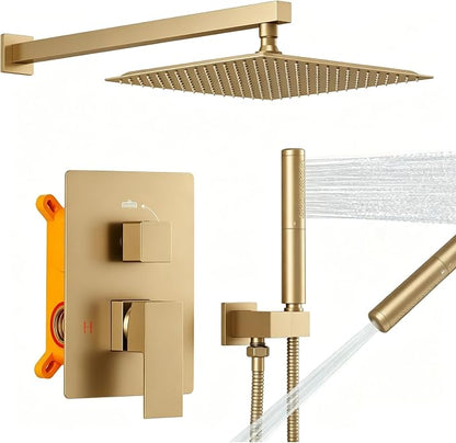 12 Inch Rainfall Shower System Rain Shower Head Combo Shower Faucet Fixture | Shower Head and Handle Set Wall Mounted Shower Mixer Kit Valve Gold
