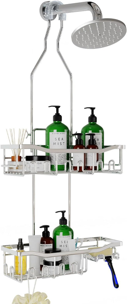 Upgraded Extended Length Shower Organizer with Hooks, Rustproof Shampoo Soap Holder, Large Hanging Bathroom Caddy, Silver
