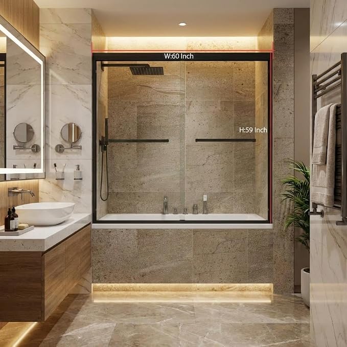 Bathtub Shower Door, 60" W x 59" H Sliding Tub Door with Dual Panels, 6mm (1/4") SGCC Tempered Glass with Explosion-Proof Film & Protective Coating, Matte Black Aluminum Alloy Frame