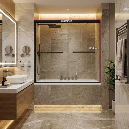 Bathtub Shower Door, 60" W x 59" H Sliding Tub Door with Dual Panels, 6mm (1/4") SGCC Tempered Glass with Explosion-Proof Film & Protective Coating, Matte Black Aluminum Alloy Frame