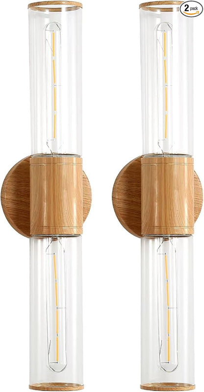 Bathroom Vanity Lighting Fixture, 2-Light Wood Grain Wall Sconce Light Fixture with Clear Glass, E26 Socket Indoor Wall Lamp, Modern Wall Sconce for Mirror Living Room, 2 Pack