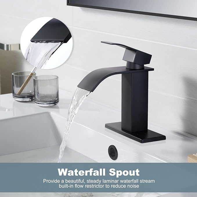 ARCORA Waterfall Bathroom Faucet Matte Black Faucet for Bathroom Sink Single Handle Mixer Tap Lavatory Vanity Faucet with Deck Plate and Pop Up Drain, 1 or 3 Hole