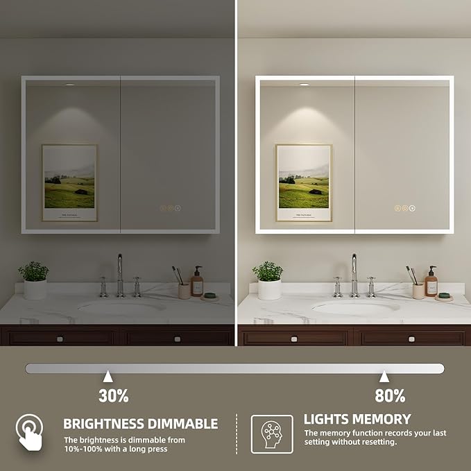 Buruis 40 x 32 Inch Medicine Cabinet with LED Lights and Mirror, Recessed/Wall Mounted Bathroom Cabinet, 3-Color Light, Defogger, Memory Function, Outlet & USB, Dimmer, Black