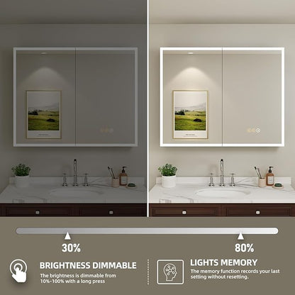 Buruis 36 x 32 Inch Medicine Cabinet with LED Lights and Mirror, Recessed/Wall Mounted Bathroom Cabinet, 3-Color Light, Defogger, Memory Function, Outlet & USB, Dimmer, Black